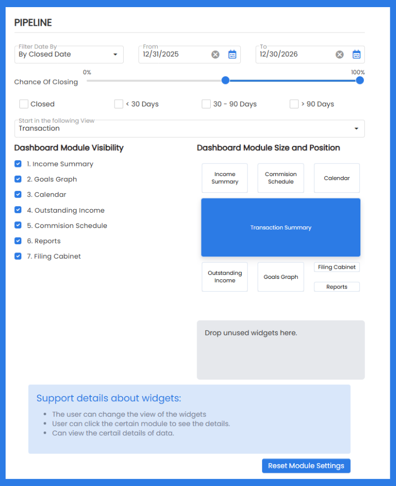 Customizing dashboard modules in Angelo